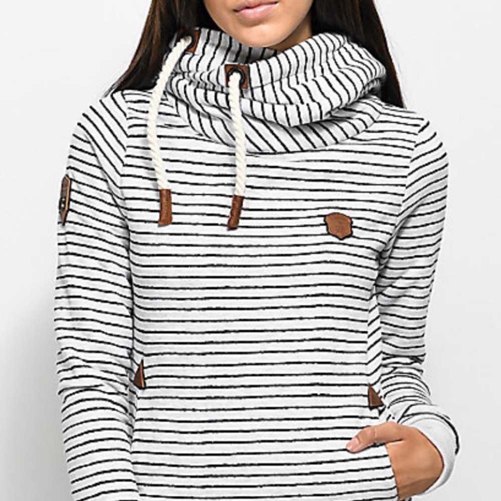 Naketano grey and Black Striped Funnel Neck Sweater with Brown Trim
